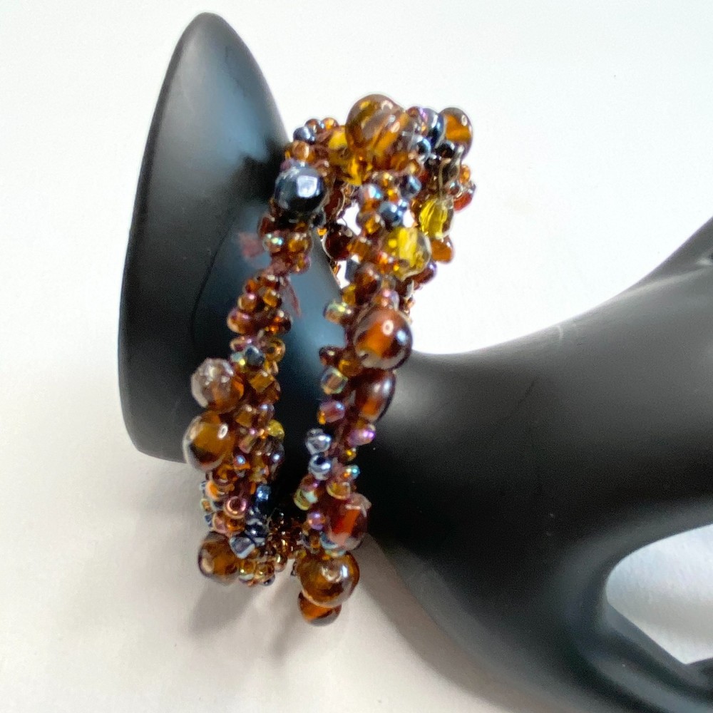 💎Amber Brown Translucent Bead Wire Wrap Bracelet Boho Artisan Vintage